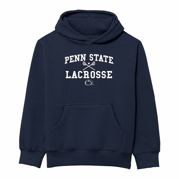 navy youth hooded sweatshirt with Penn State Lacrosse, crossed sticks, ball, and Athletic Logo
